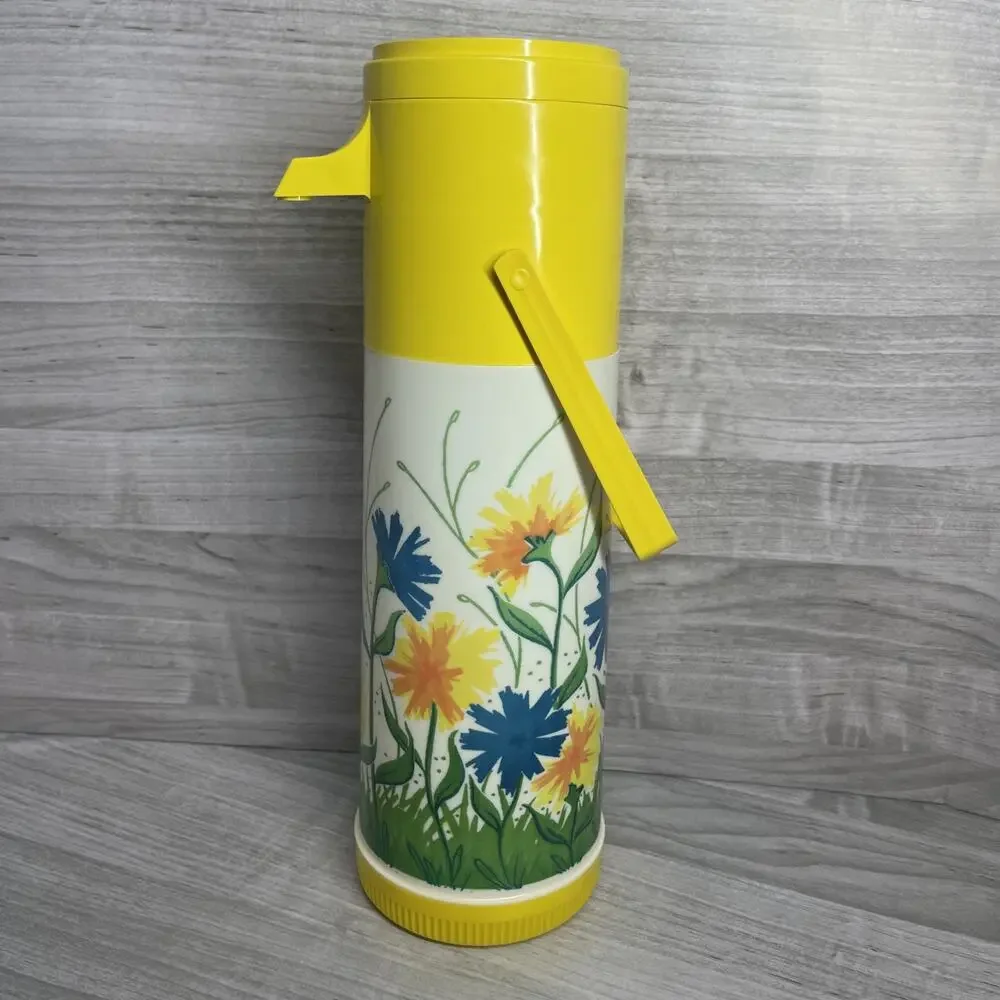 Vtg 70s Aladdin Pump A Drink Dispenser Thermos Shell Yellow Floral CottageCore